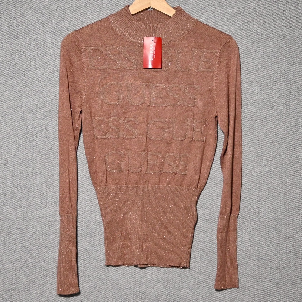 Guess Sendy Lurex Sweater Womens Mock Neck Logo Knit Small Roasted Chestnut